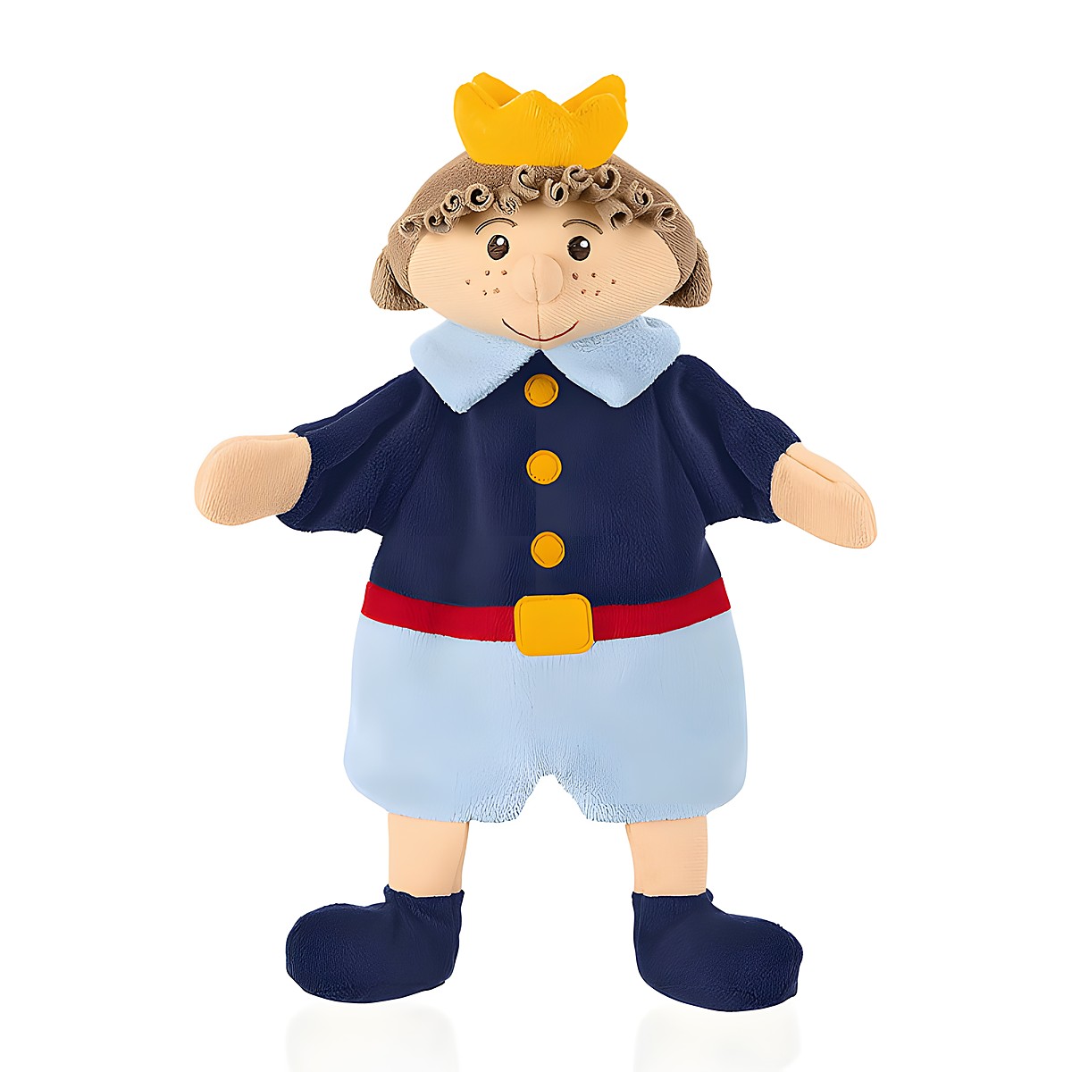 Sterntaler baby hand puppet prince, yellow crown, navy jacket with yellow buttons and a red belt