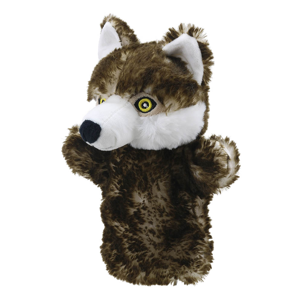 The Puppet Company baby hand puppet wolf, grey-brown wolf with yellow eyes, close-up view