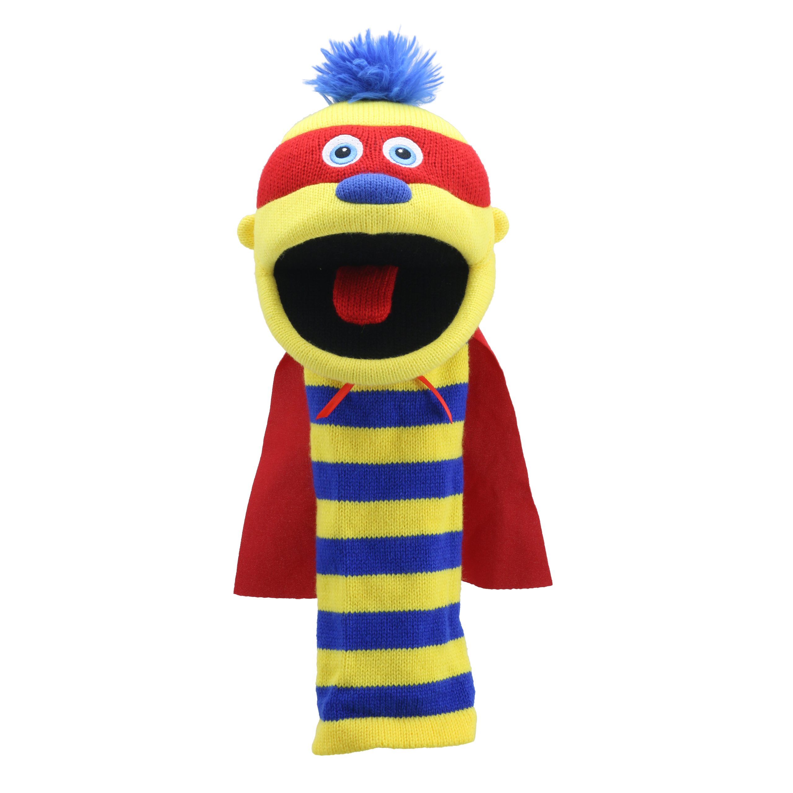 The Puppet Company sock puppet Zap, yellow superhero monster with a red cape, mask and a blue tuft of hair