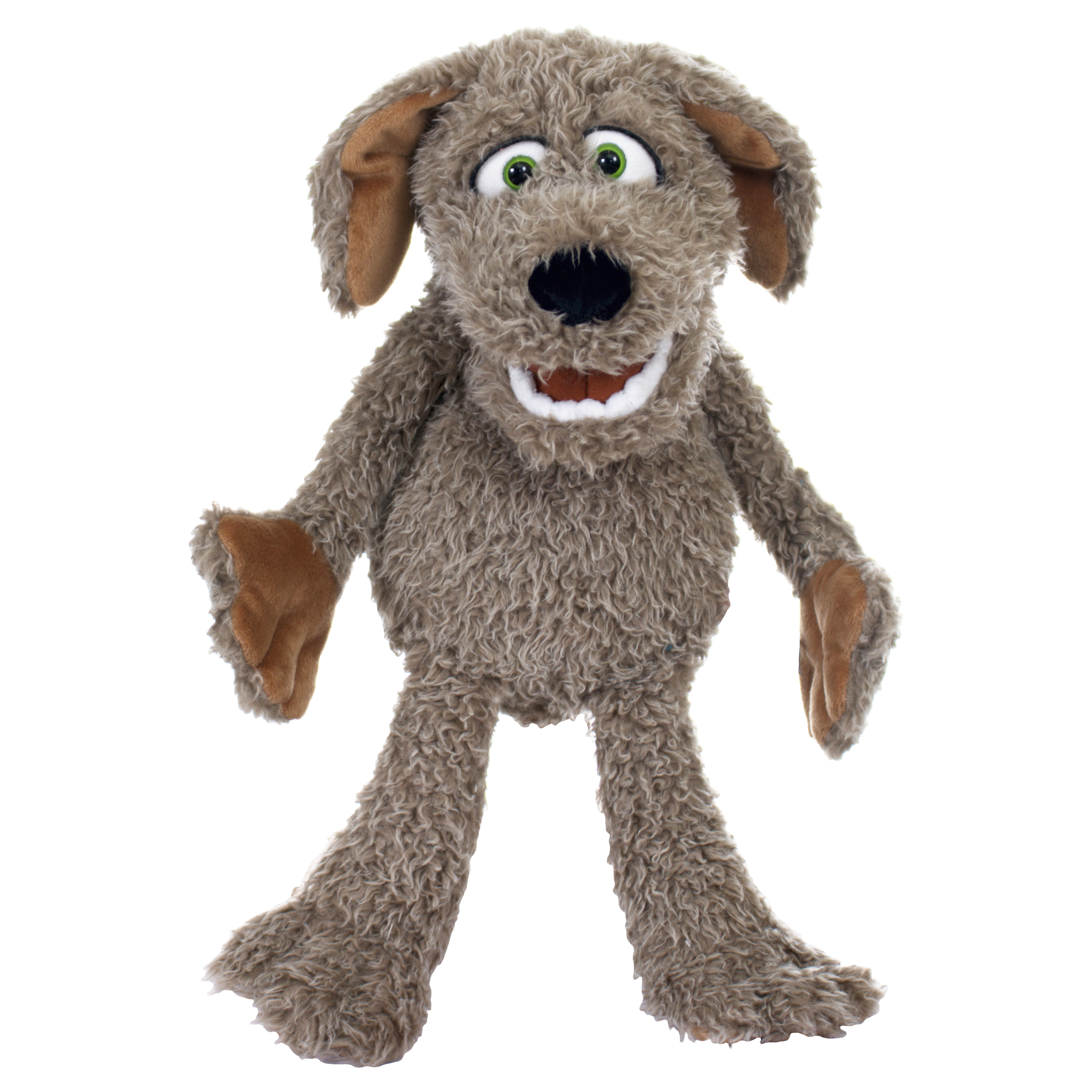 Living Puppets hand puppet Locke the little dog with grey-brown curly fur, floppy ears, green eyes and an open mouth