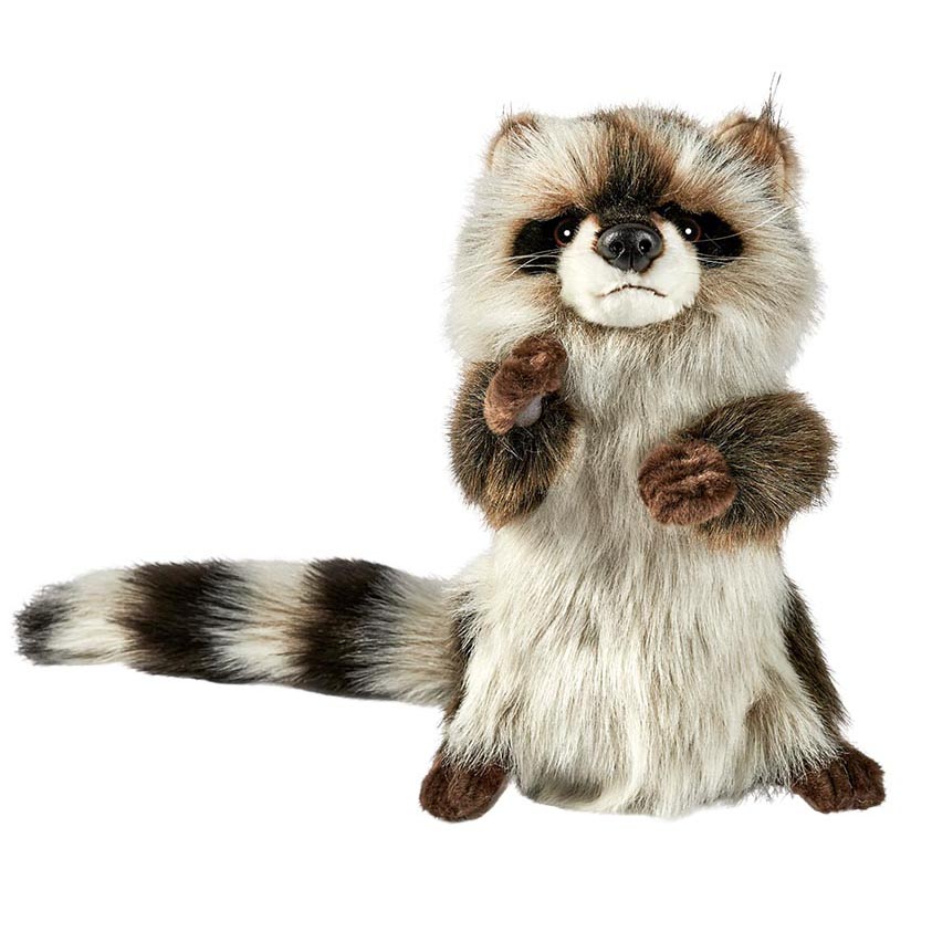 Raccoon hand puppet by Hansa Creation with grey-brown fur, a dark eye mask and a ringed tail