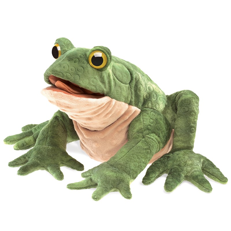 Folkmanis toad hand puppet in green with open mouth, light belly, and yellow eyes, angled view