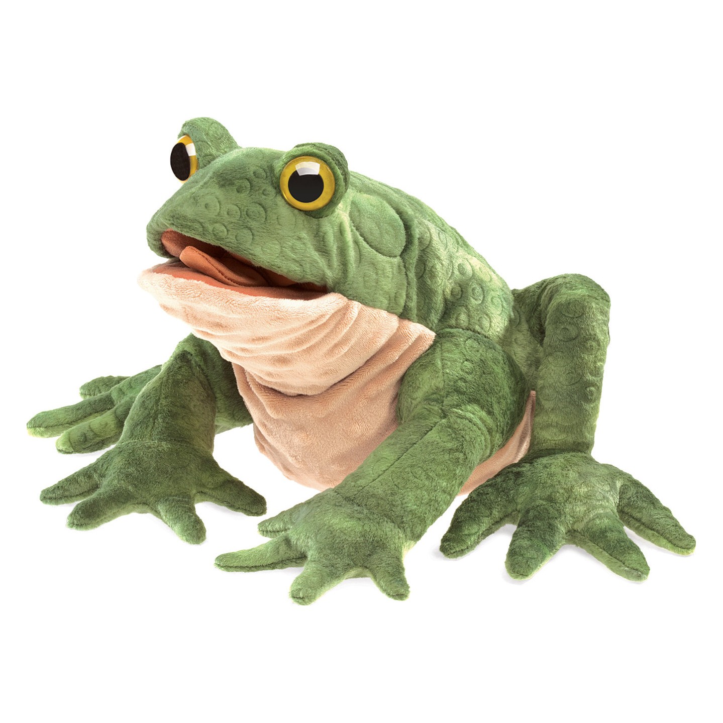 Folkmanis toad hand puppet in green with open mouth, light belly, and yellow eyes, angled view