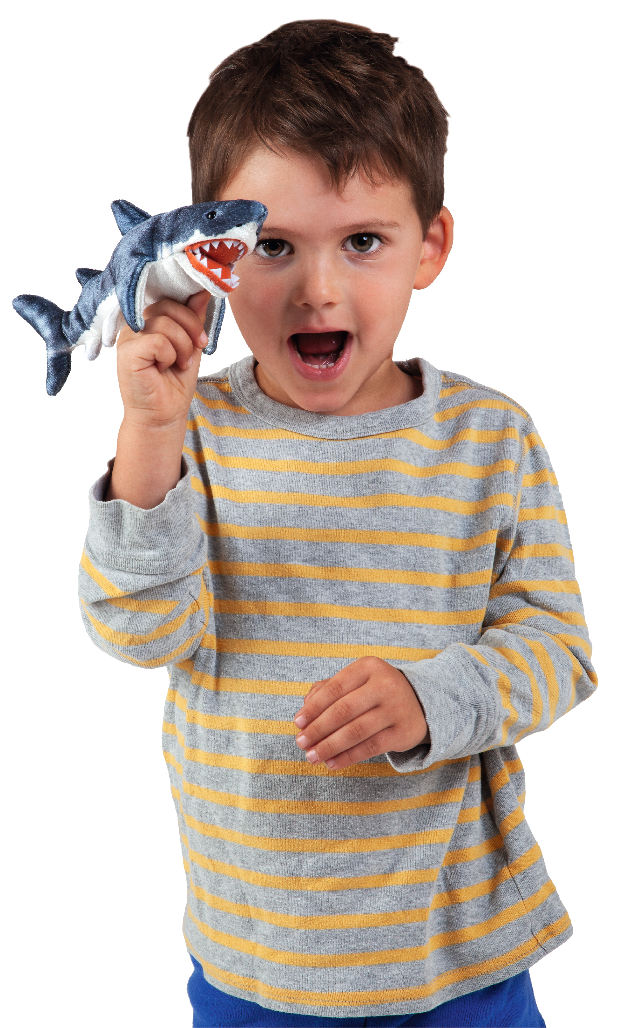 Boy holding a Folkmanis mini shark finger puppet with open mouth and visible teeth on his index finger