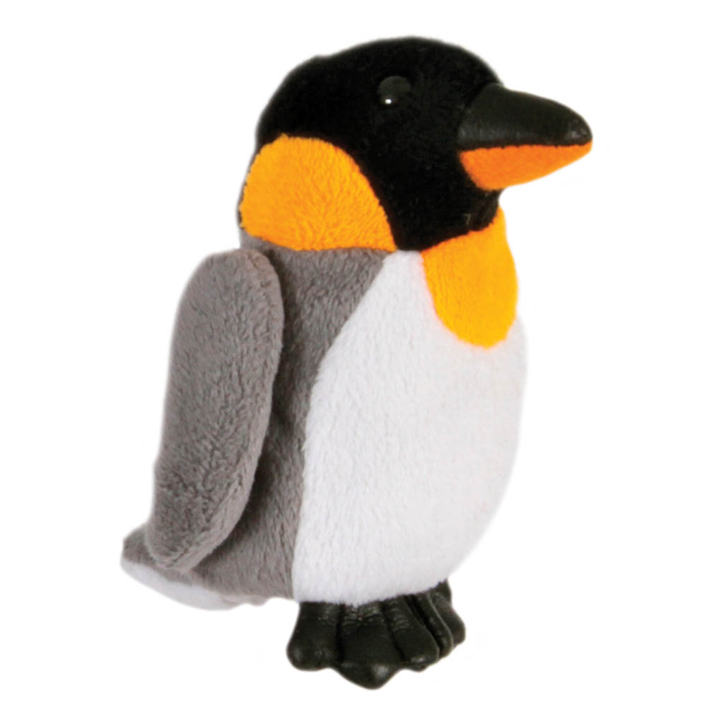 The Puppet Company finger puppet penguin, grey and white puppet with an orange chest, side view