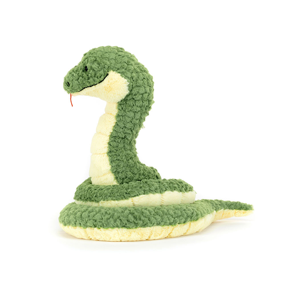 Jellycat plush toy snake Cizi Snake, green and yellow coiled plush toy, raised up, side view