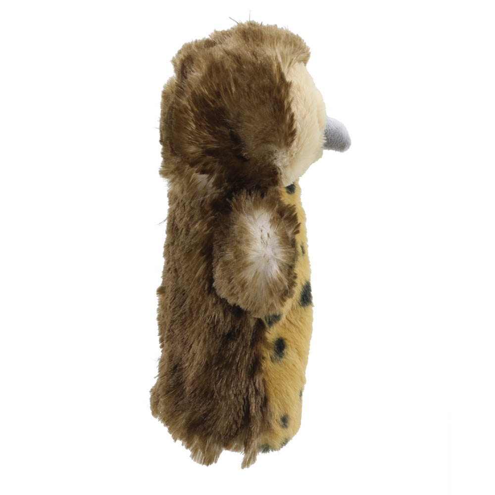 The Puppet Company baby hand puppet owl, close-up profile with pointed feather ear tufts and a white beak