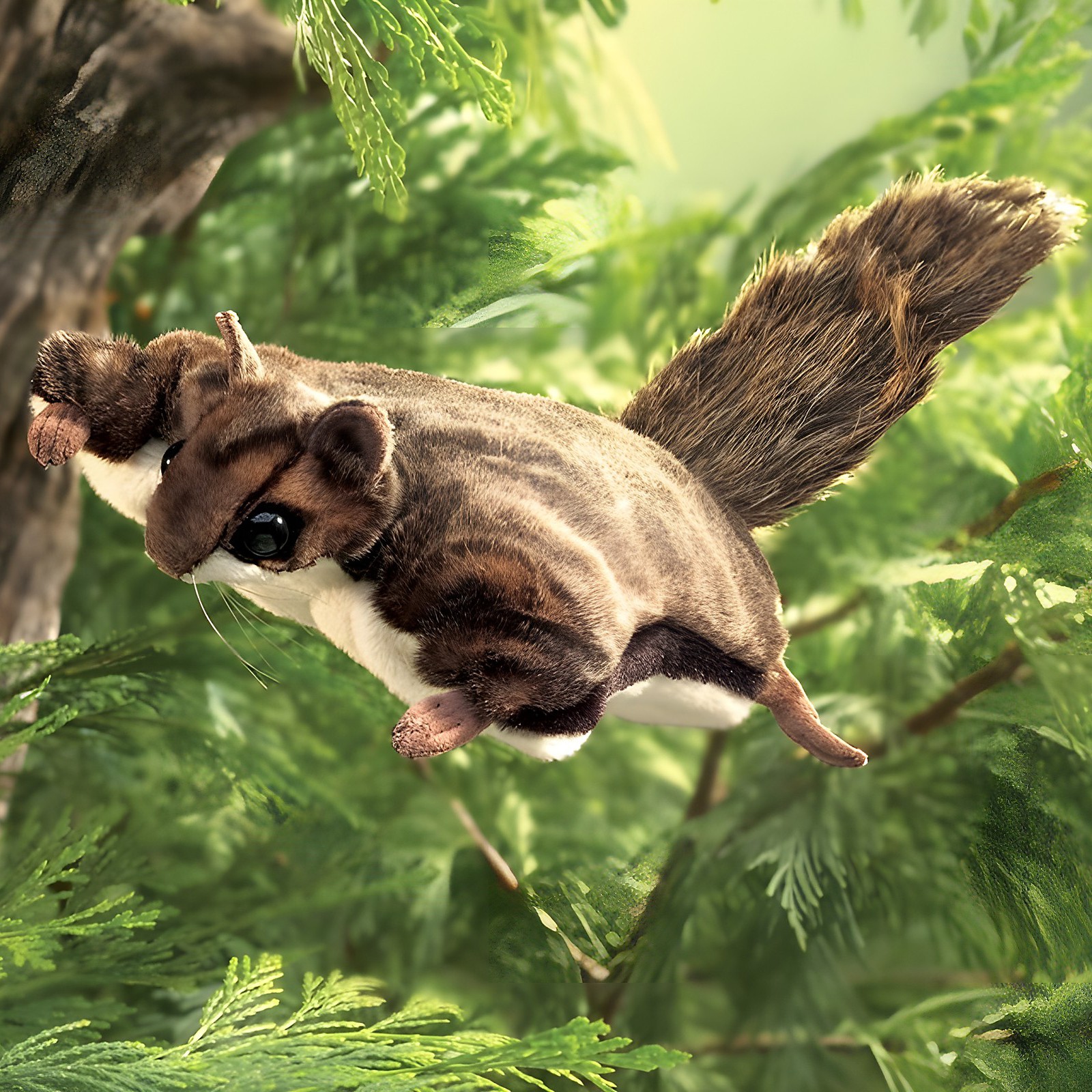 Folkmanis flying squirrel hand puppet in brown plush, photographed in gliding pose among green fir branches