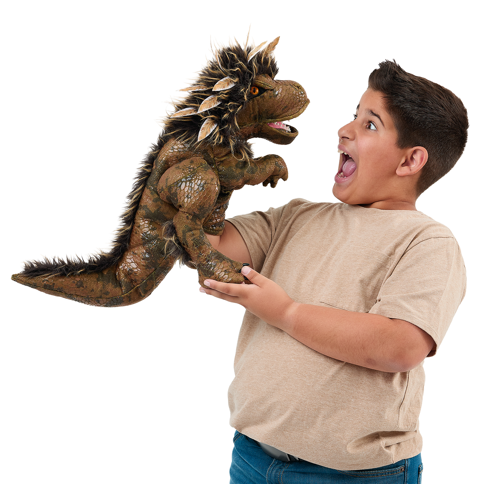 Folkmanis feathered Tyrannosaurus Rex hand puppet on a boy's arm, as he looks at it in surprise with its mouth open.