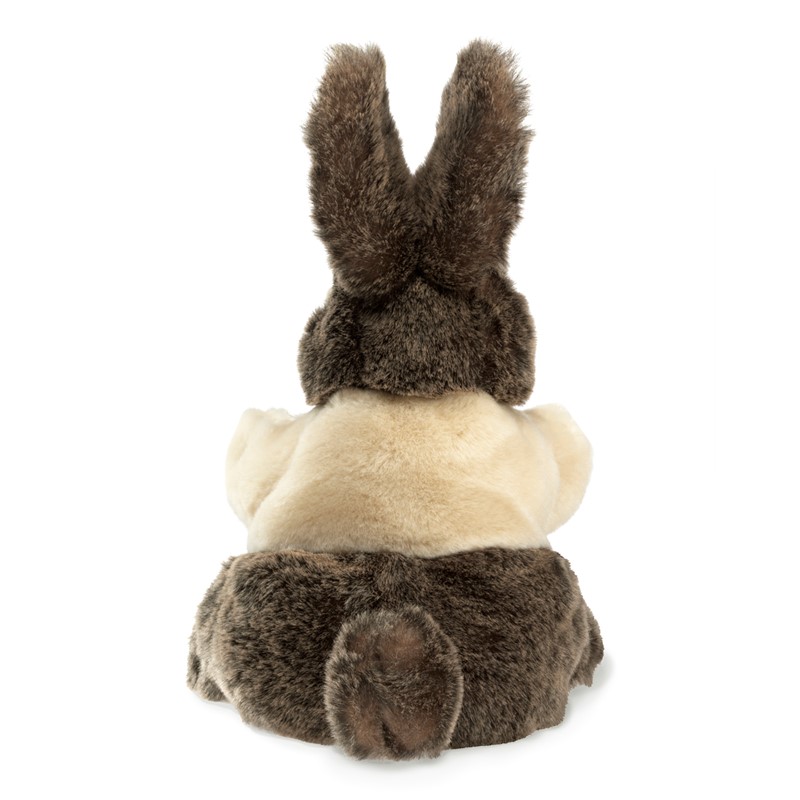 Folkmanis baby Dutch rabbit hand puppet seen from behind, dark brown fur with a cream-coloured back and upright ears