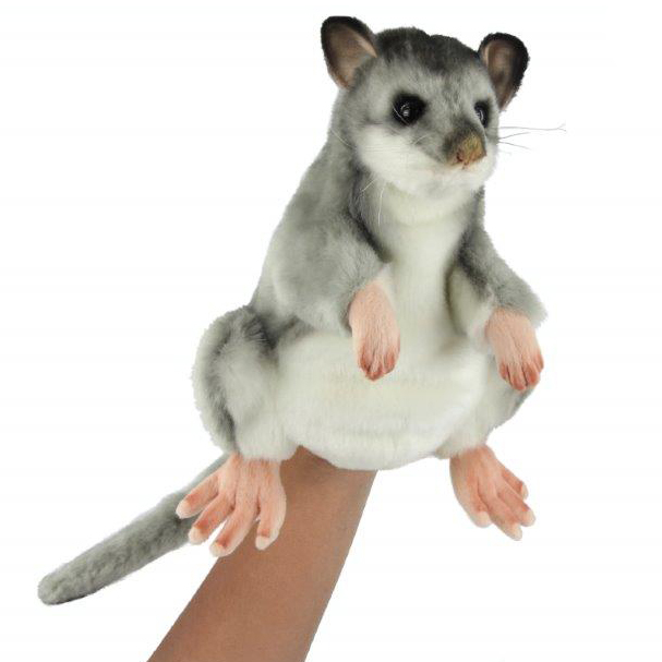 Edible dormouse hand puppet by Hansa Creation with grey fur, a white belly and a bushy tail