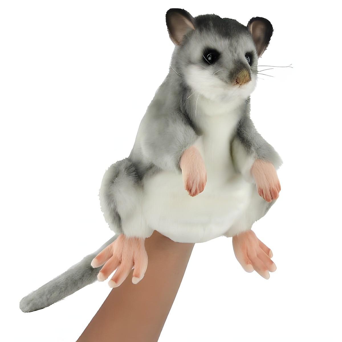 Edible dormouse hand puppet by Hansa Creation with grey fur, a white belly and a bushy tail