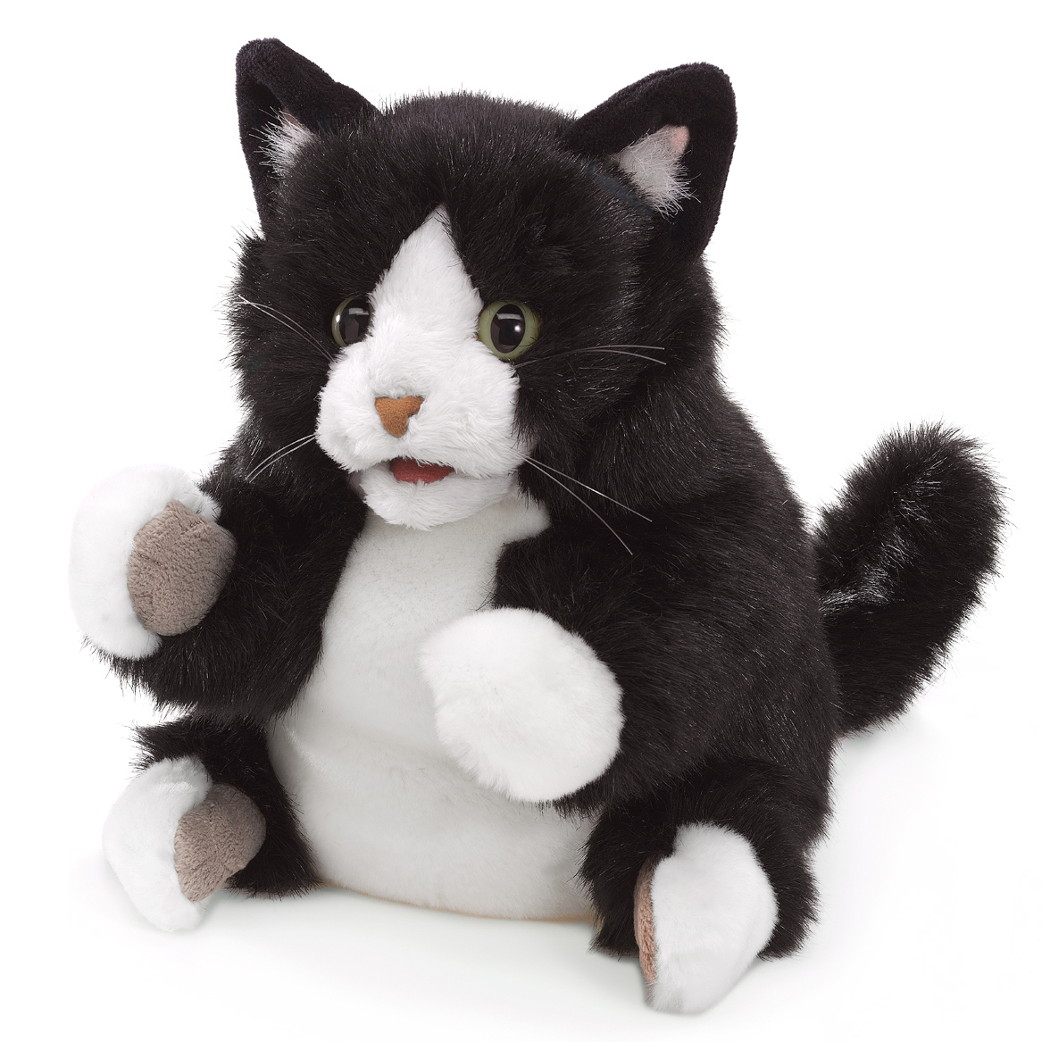 Folkmanis Tuxedo Kitten hand puppet in black and white with open mouth and raised paw, front view