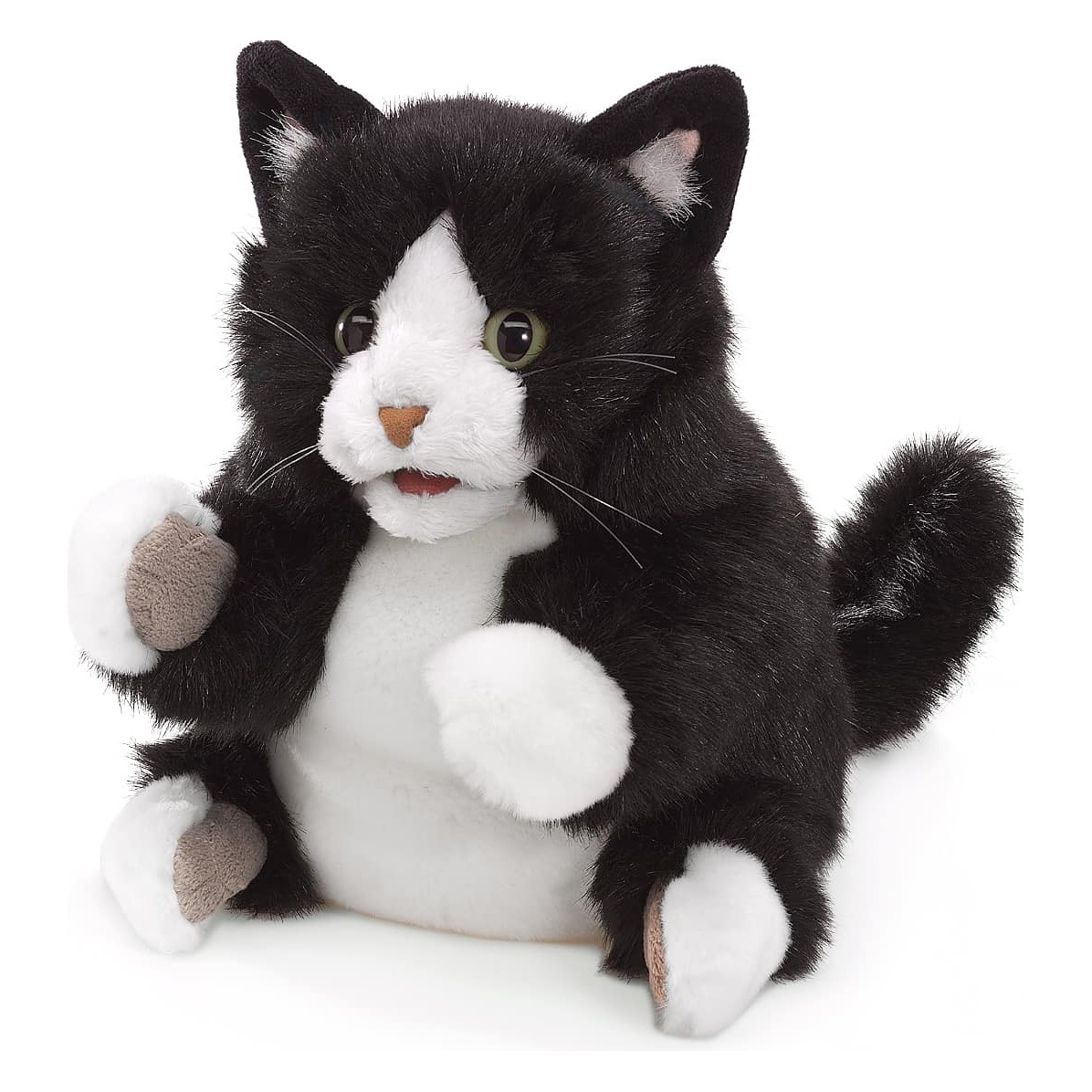Folkmanis Tuxedo Kitten hand puppet in black and white with open mouth and raised paw, front view