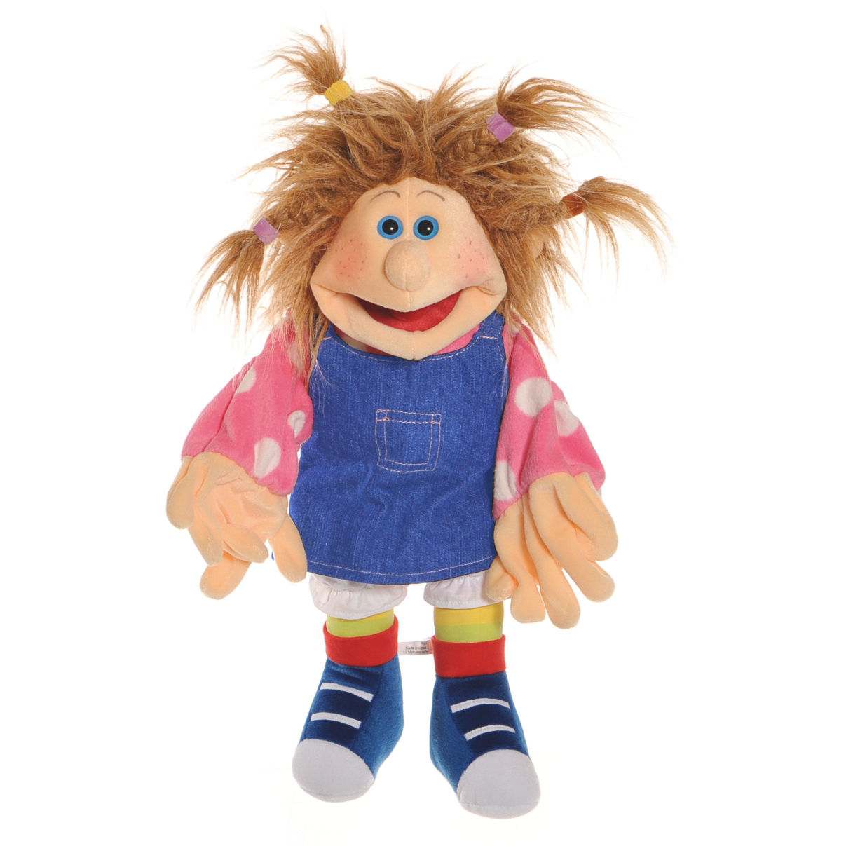 Living Puppets hand puppet Little Ilselotte Keksberg with tousled hair, blue eyes, denim dress and colourful striped socks