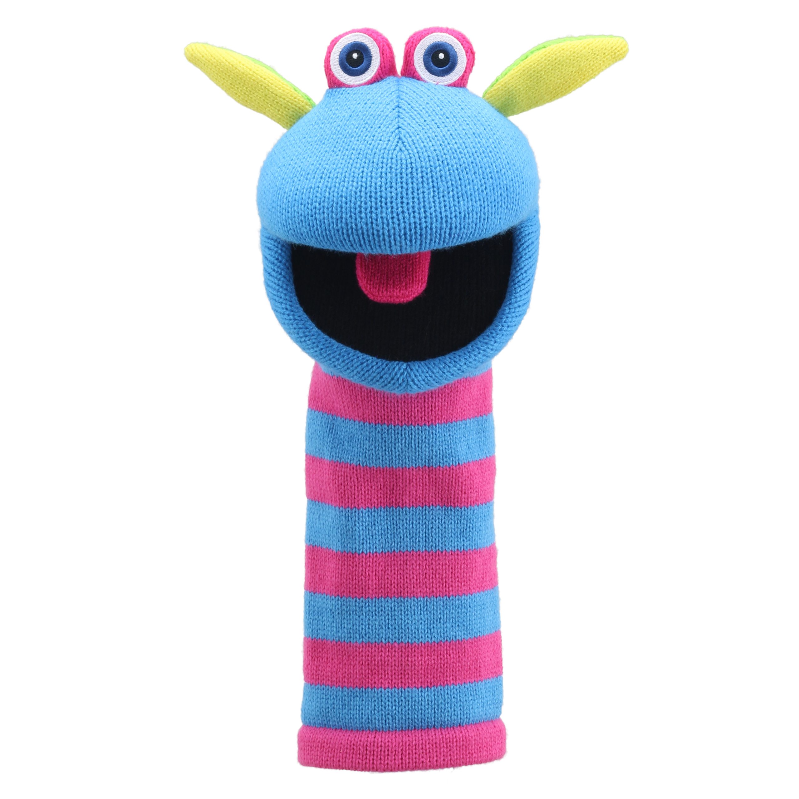 The Puppet Company sock puppet Scorch, blue monster with yellow horns and a pink and blue striped body