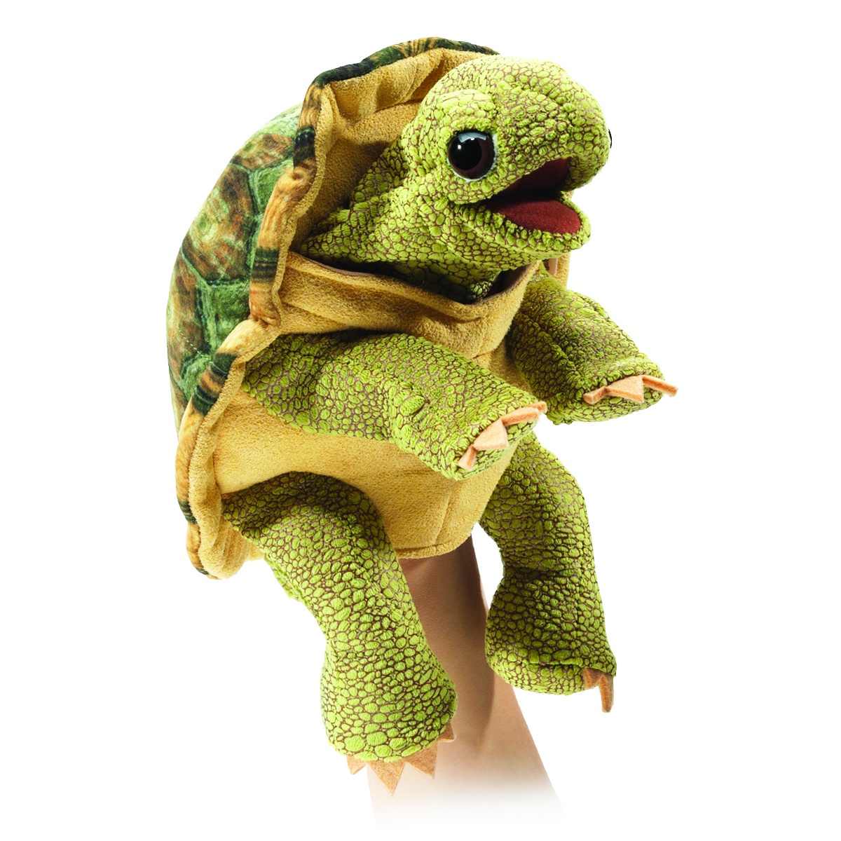 Folkmanis standing tortoise hand puppet with open mouth, green-patterned skin and detailed shell, side view on hand