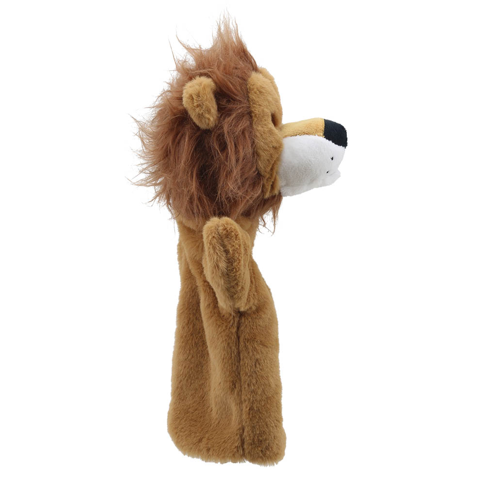 The Puppet Company baby hand puppet lion, brown puppet with a mane, right side view