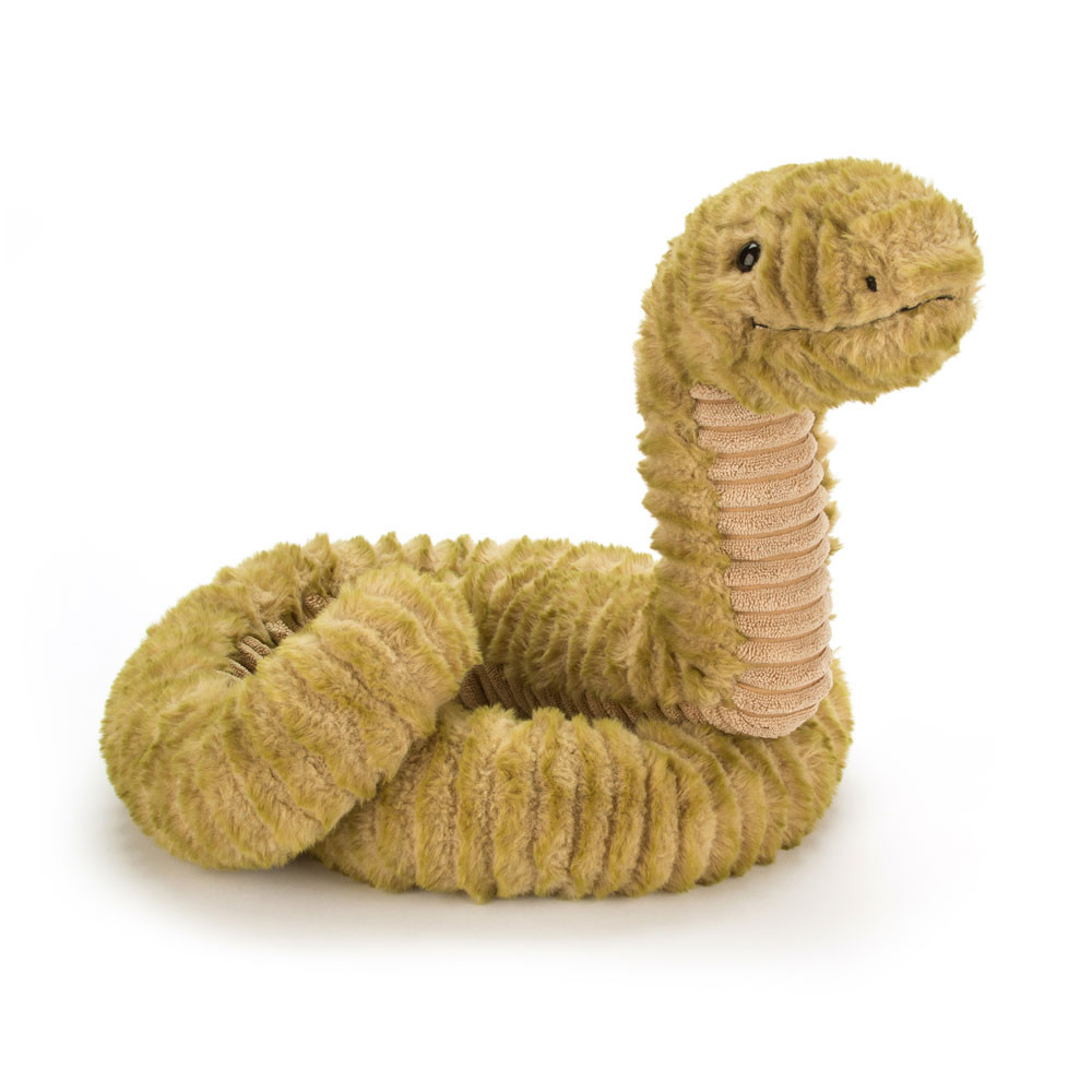 Jellycat plush toy Slither Snake, olive green ribbed plush toy, coiled with its head raised