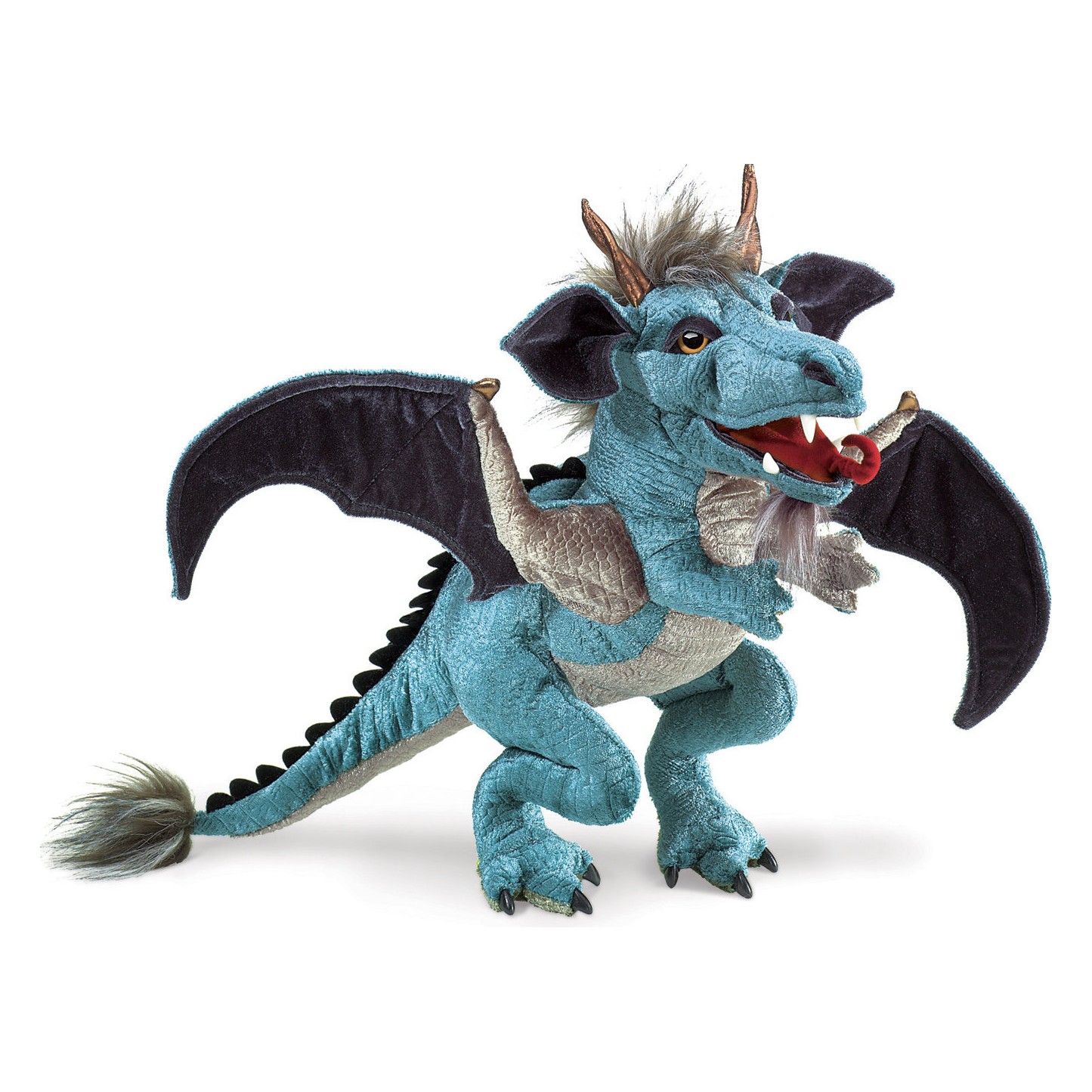 Folkmanis sky dragon hand puppet in teal blue with black wings, open mouth with red tongue and golden horns, side view