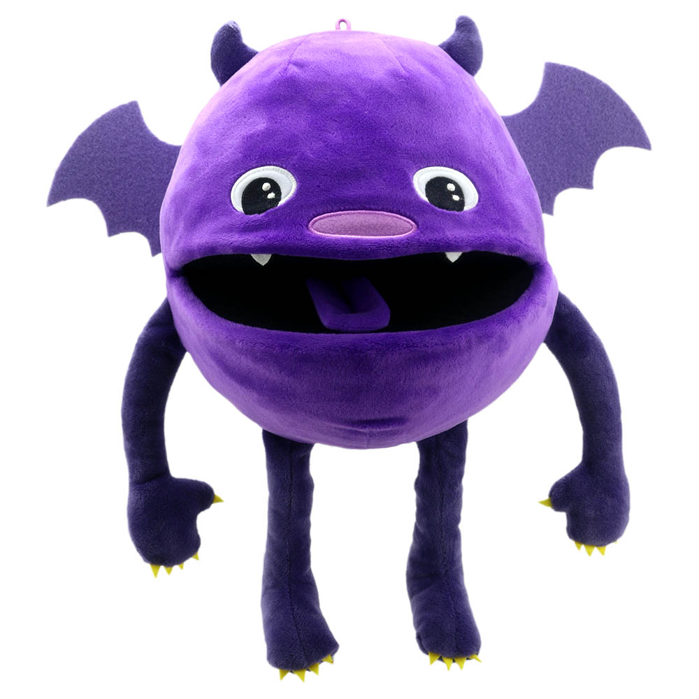 The Puppet Company baby monster hand puppet purple, purple monster with bat wings and an open mouth