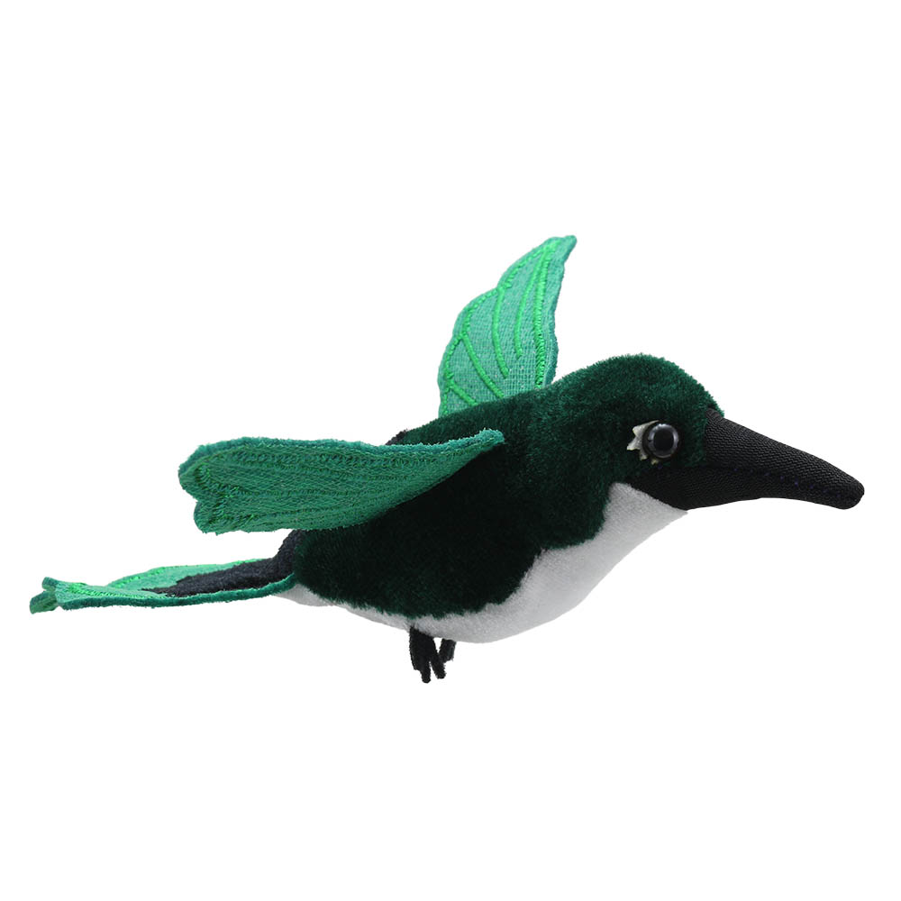 The Puppet Company finger puppet hummingbird, green hummingbird with a white belly in flight