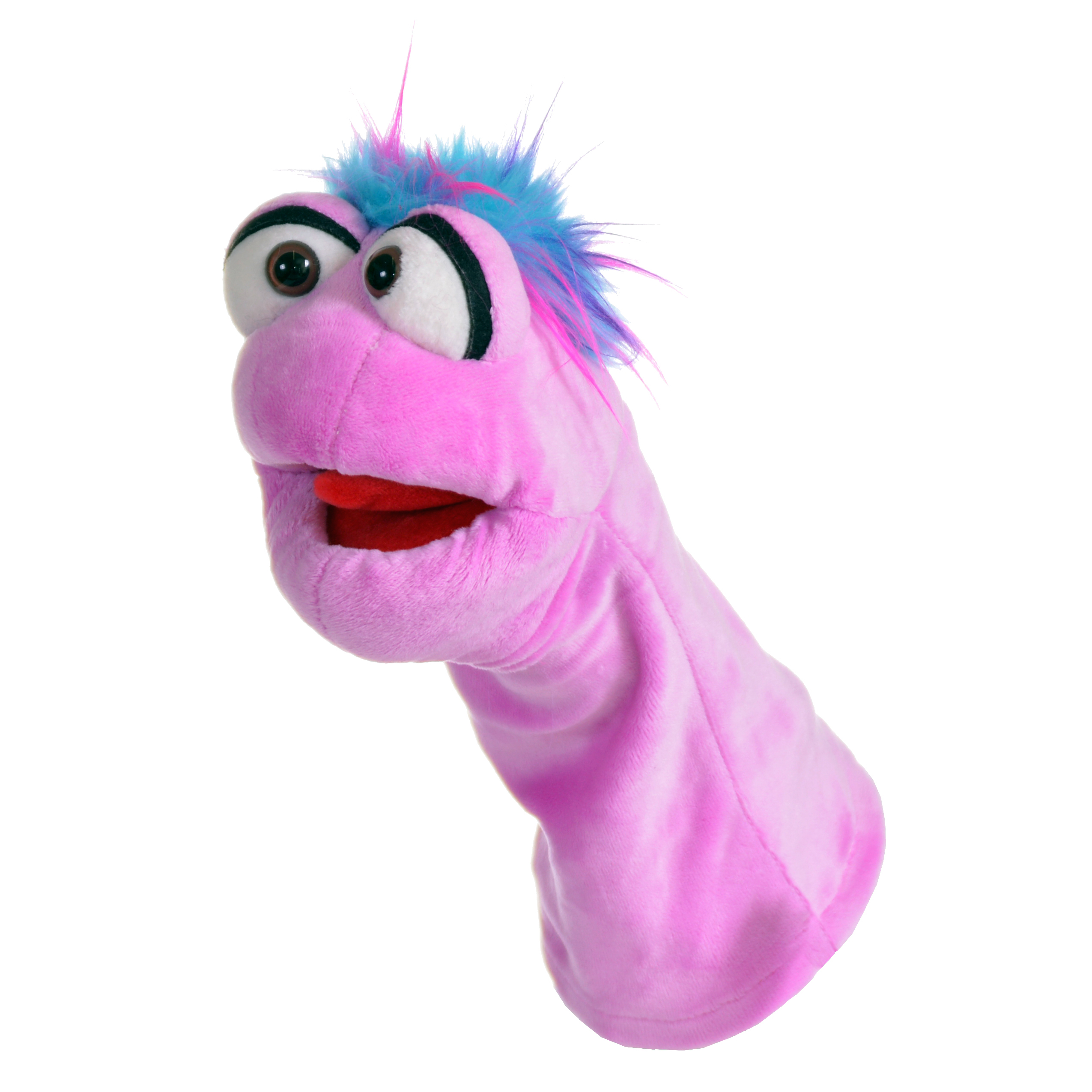Living Puppets sock puppet Tüffelchen, pink with a blue and purple tuft of hair and a red mouth, side view