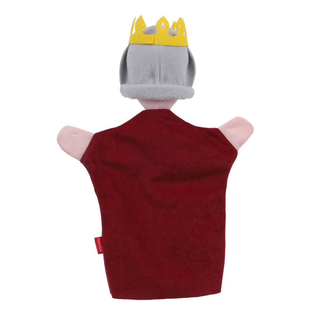 Queen hand puppet by munabo, rear view showing grey curled hair beneath the yellow crown.