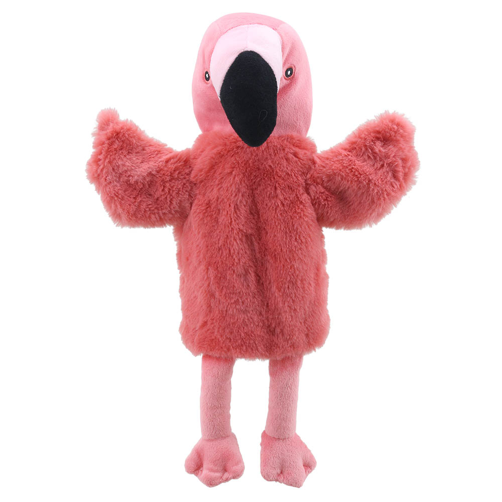 The Puppet Company baby hand puppet flamingo, pink flamingo with a black beak and long legs