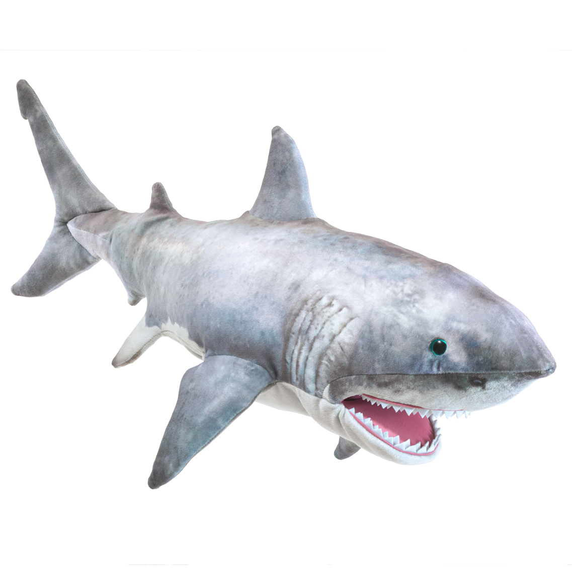 Folkmanis Great White Shark hand puppet in side view, grey-white plush, wide open mouth with teeth