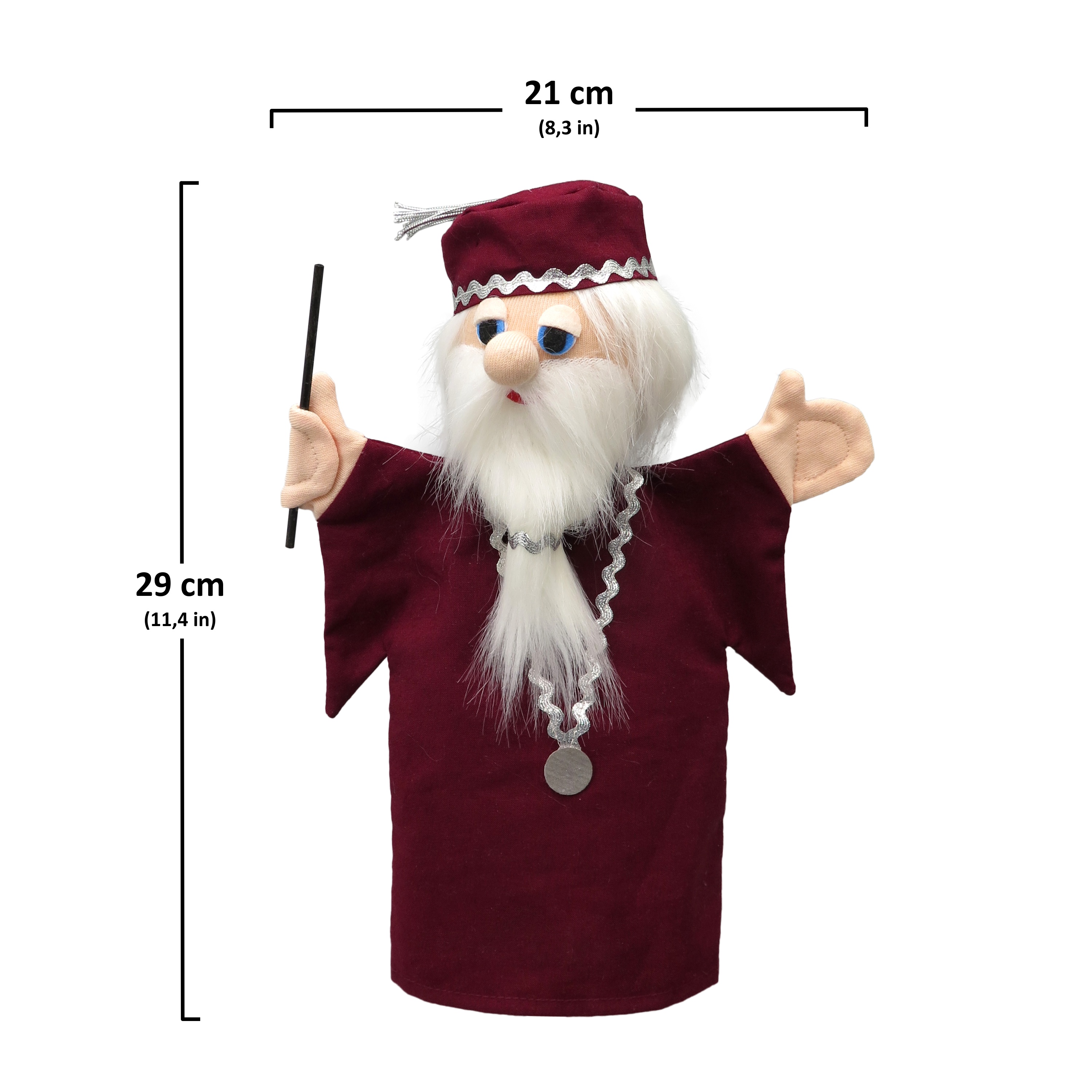 Punch and Judy puppet magician by munabo with a white beard, wine-red cap and magic wand, image with size chart