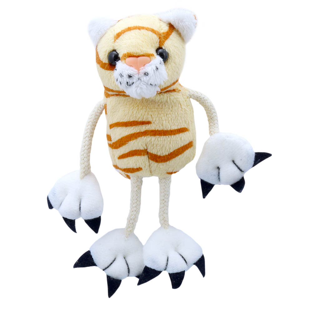 The Puppet Company finger puppet cat, red-brown striped puppet with white paws and long legs