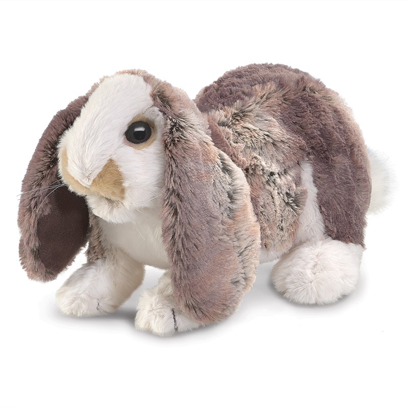 Folkmanis hand puppet baby lop rabbit in grey-brown and white with long drooping ears, standing, side view