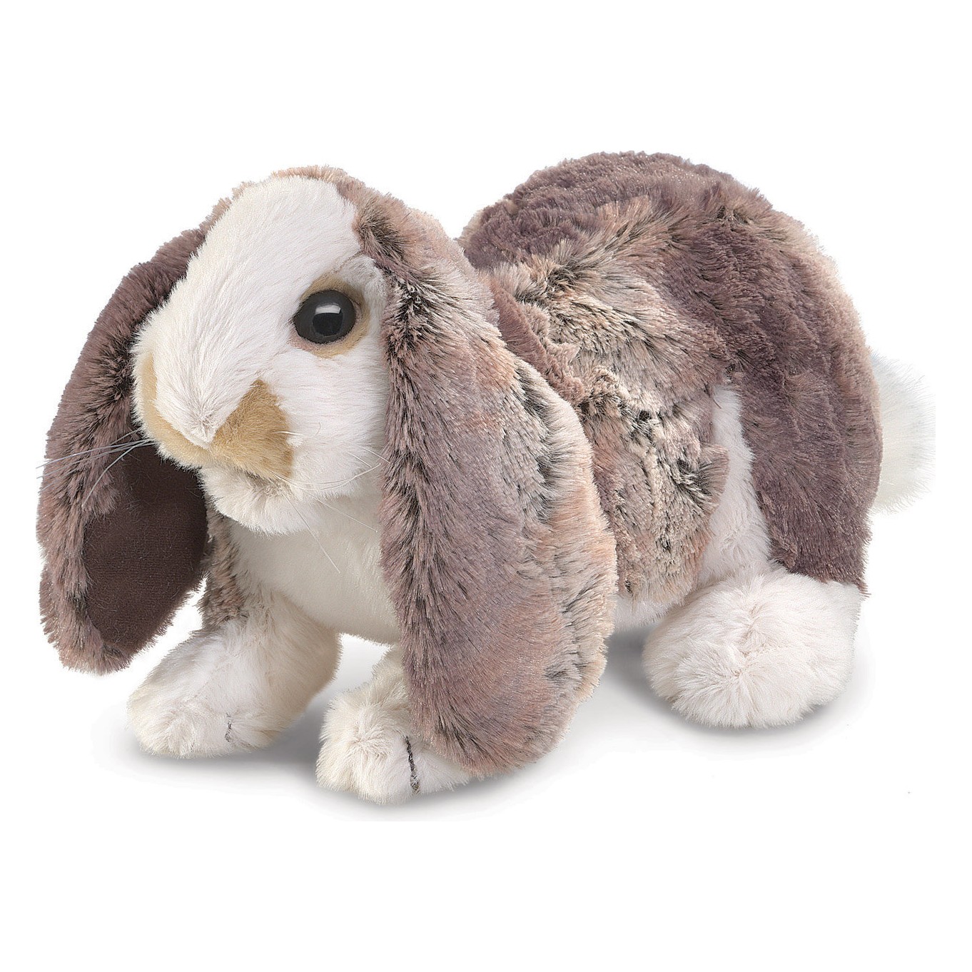 Folkmanis hand puppet baby lop rabbit in grey-brown and white with long drooping ears, standing, side view