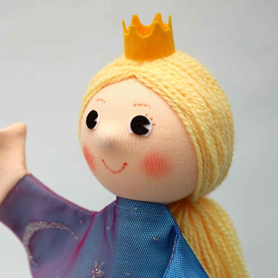 Punch and Judy puppet rainbow princess by munabo in close-up with felt crown and side braid