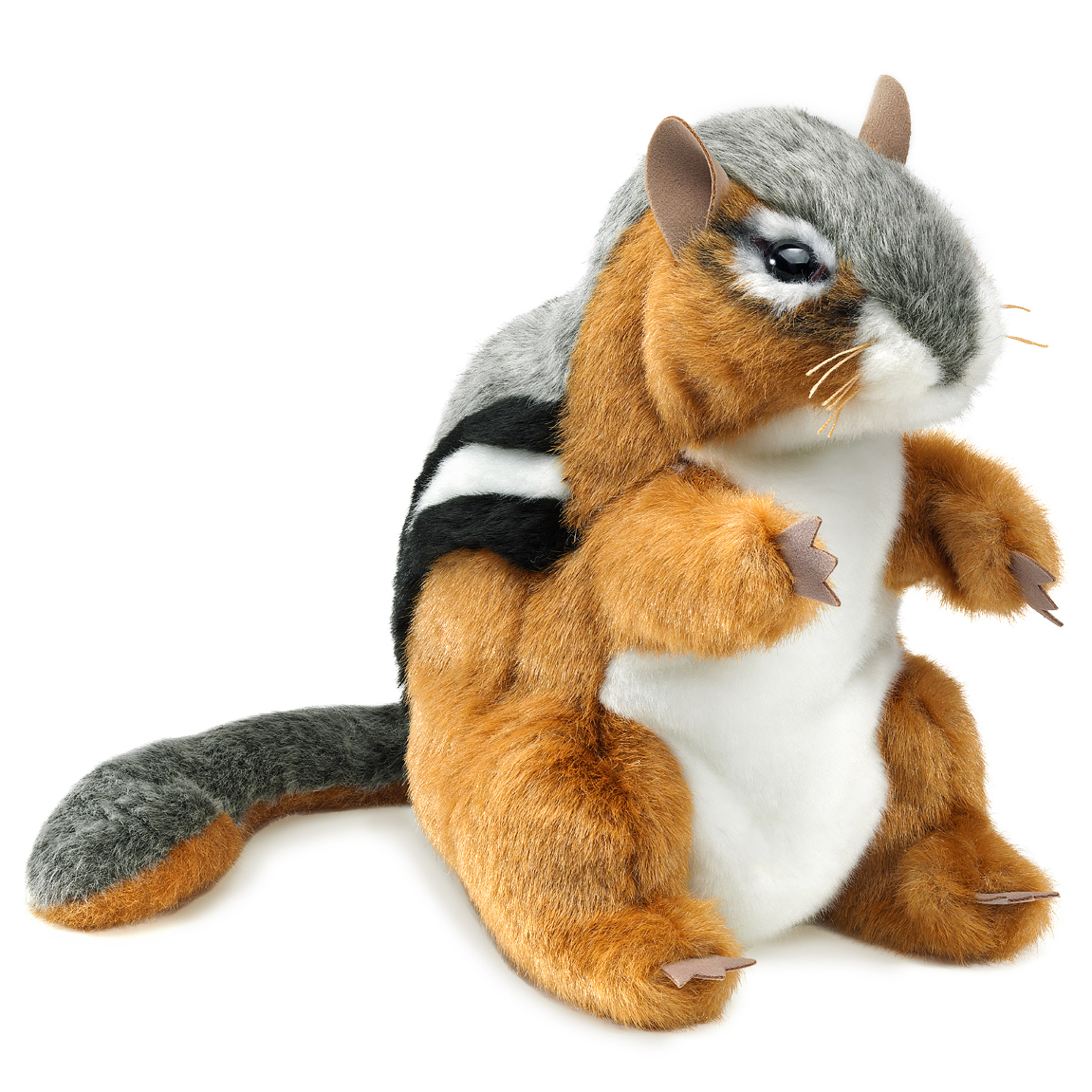 Folkmanis chipmunk hand puppet with russet fur, black and white back stripes and a grey tail, seated in three-quarter view