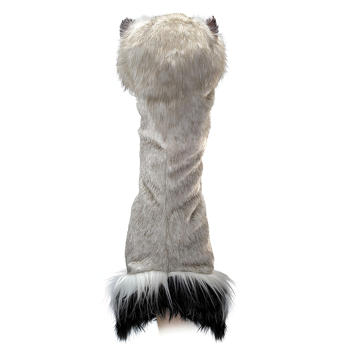 Folkmanis ostrich hand puppet shown from the back, grey-beige faux fur with black-and-white feather trim at the bottom edge and small ears at the top