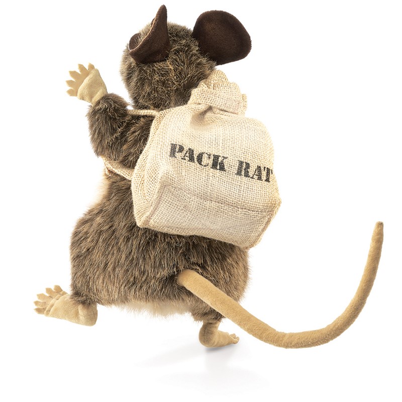 Folkmanis hand puppet pack rat with brown fur, dark ears, and a burlap sack labelled Pack Rat on its back