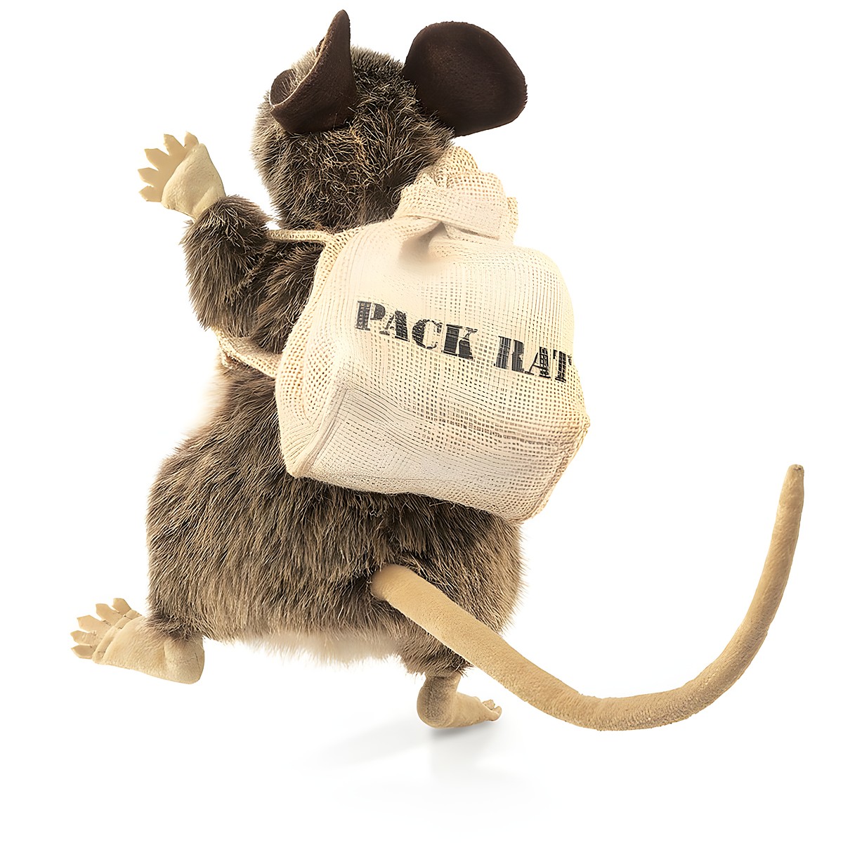 Folkmanis hand puppet pack rat with brown fur, dark ears, and a burlap sack labelled Pack Rat on its back