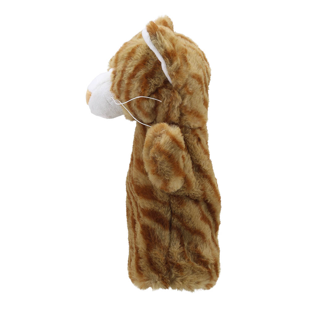 The Puppet Company baby hand puppet cat, red-brown tabby cat with whiskers, side view