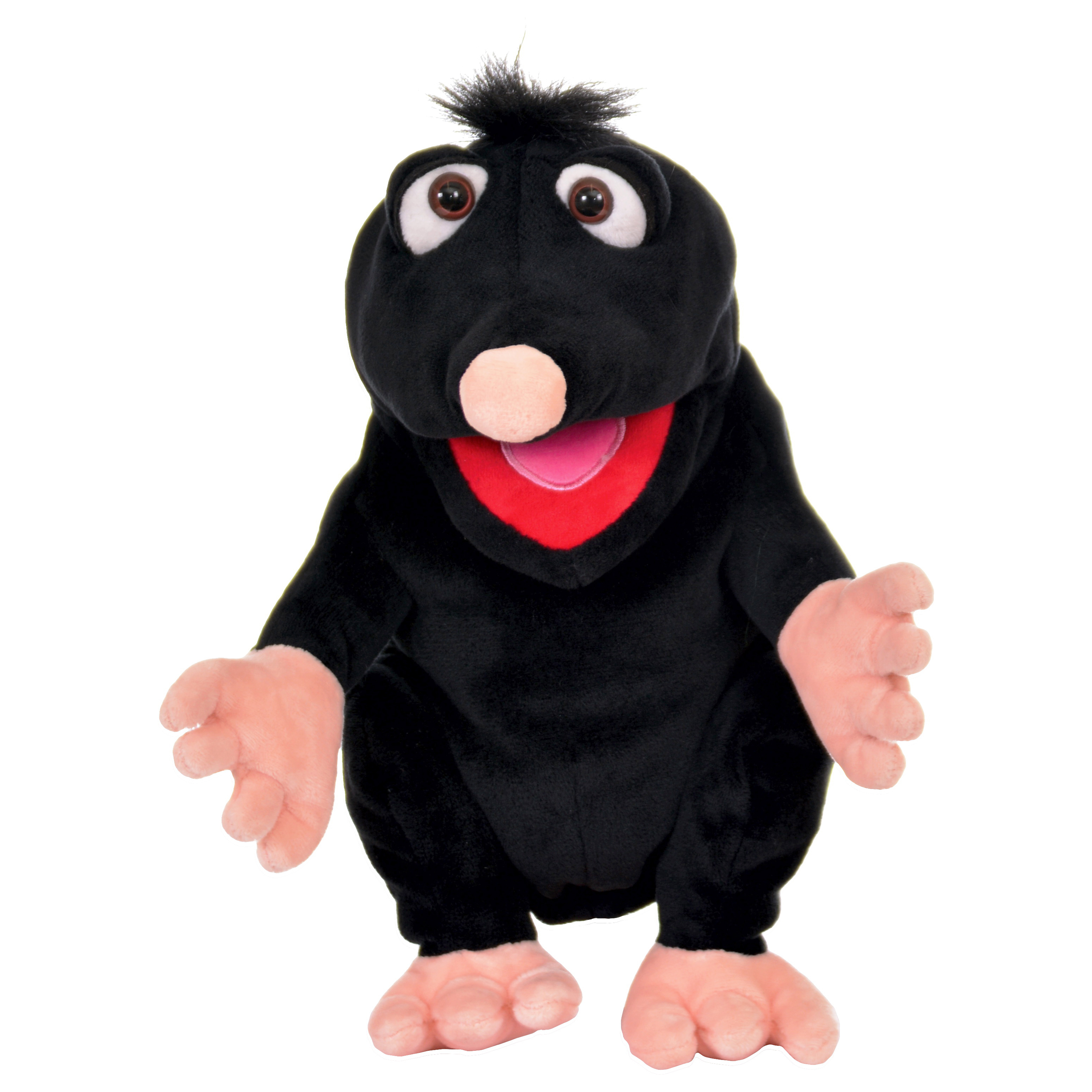 Living Puppets hand puppet Schwups the hill king, black mole with a pink nose, pink hands and feet and a red mouth