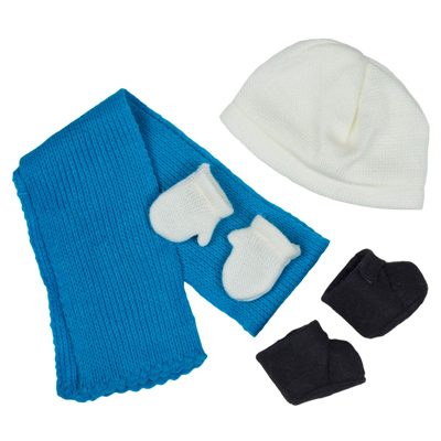 Winter set for Rubens Kids and Ark dolls: white hat, blue scarf, mittens and booties