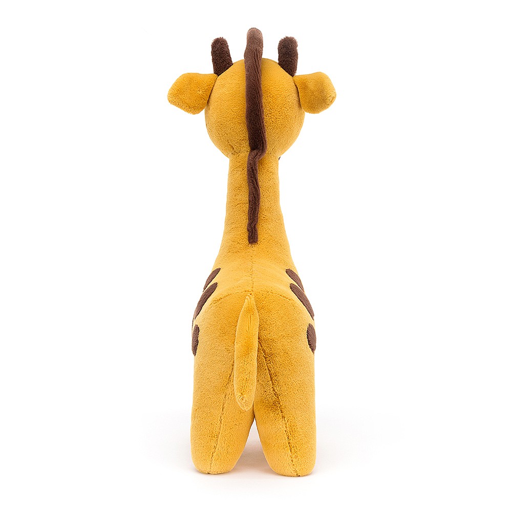 Jellycat plush toy giraffe Spottie Big, back view with the brown mane stripe running down the neck