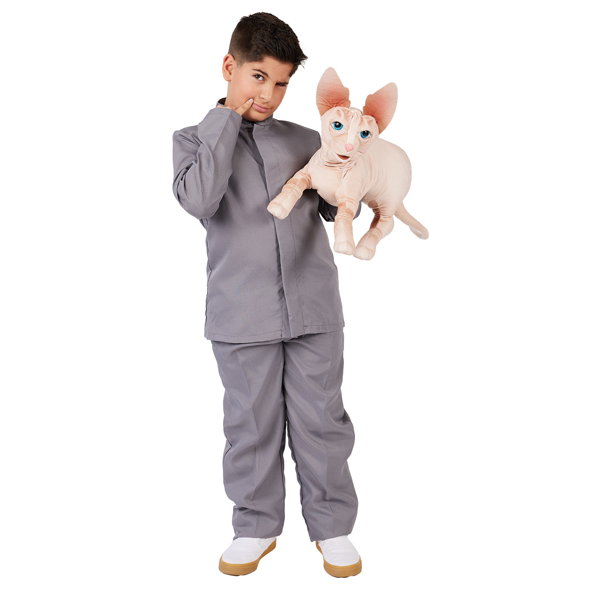 Boy in a grey suit holding a Folkmanis hand puppet of a Sphynx cat with pink skin and blue eyes