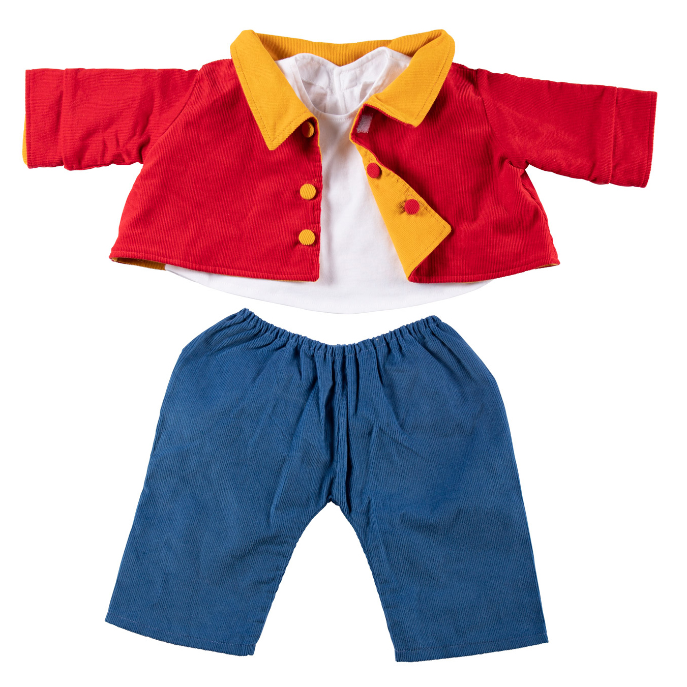 Joyk clothing set Wind & Weather: red corduroy jacket with yellow collar, white shirt and blue corduroy trousers