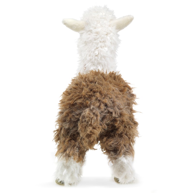 Folkmanis alpaca hand puppet seen from behind, two-tone shaggy fur in brown and white, standing on a white background