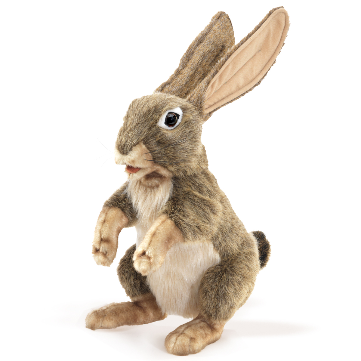Folkmanis jack rabbit hand puppet in brown-grey, standing upright with movable mouth and long upright ears