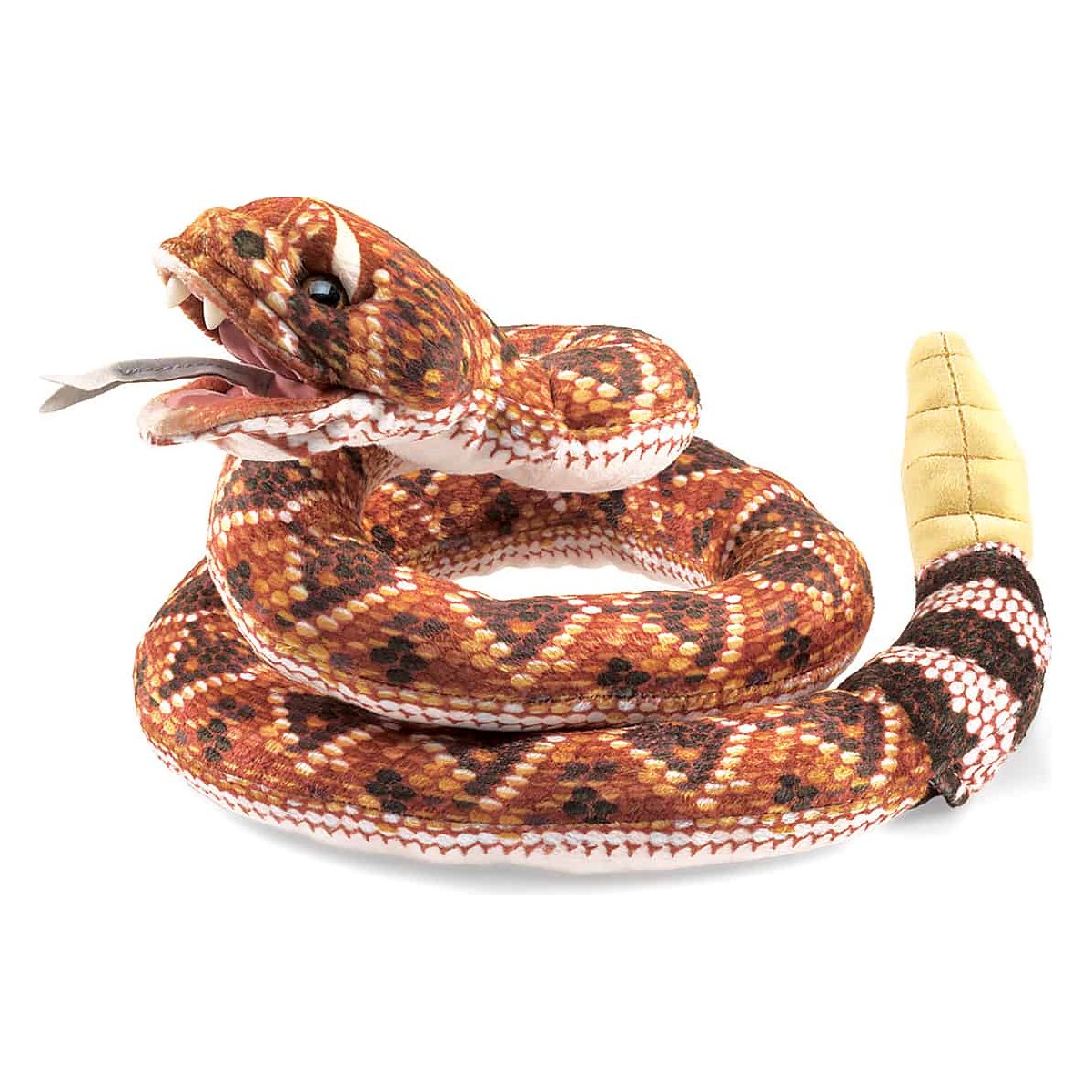 Folkmanis giant rattlesnake finger puppet coiled with open mouth, forked tongue, and yellow rattle end