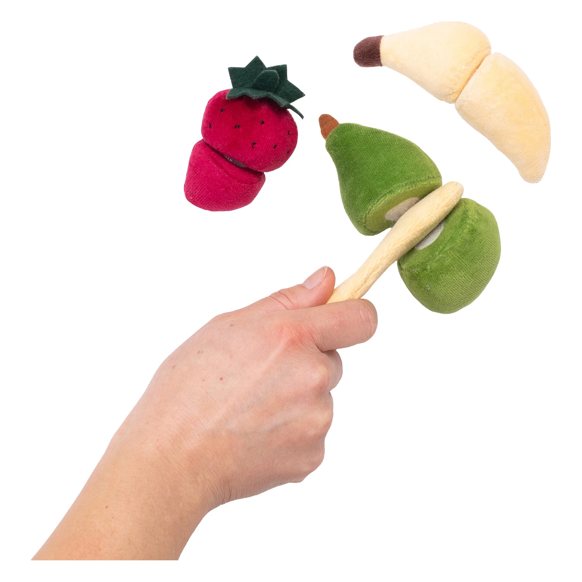 Plush fruit of the Rubens Barn feeding set: strawberry, pear and banana on the fabric spoon