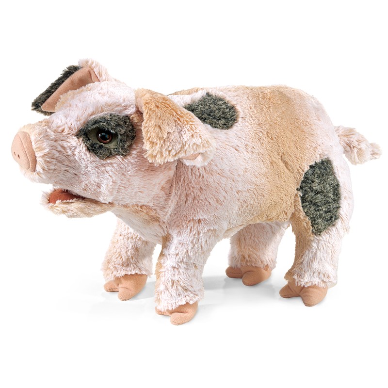 Folkmanis hand puppet grunting pig in pink with grey spots, open mouth, standing in side view